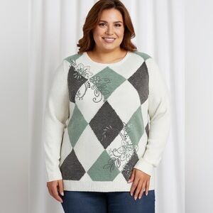 Alfred Dunner Women's Floral Argyle Sweater 1X -Green, Gray, and White